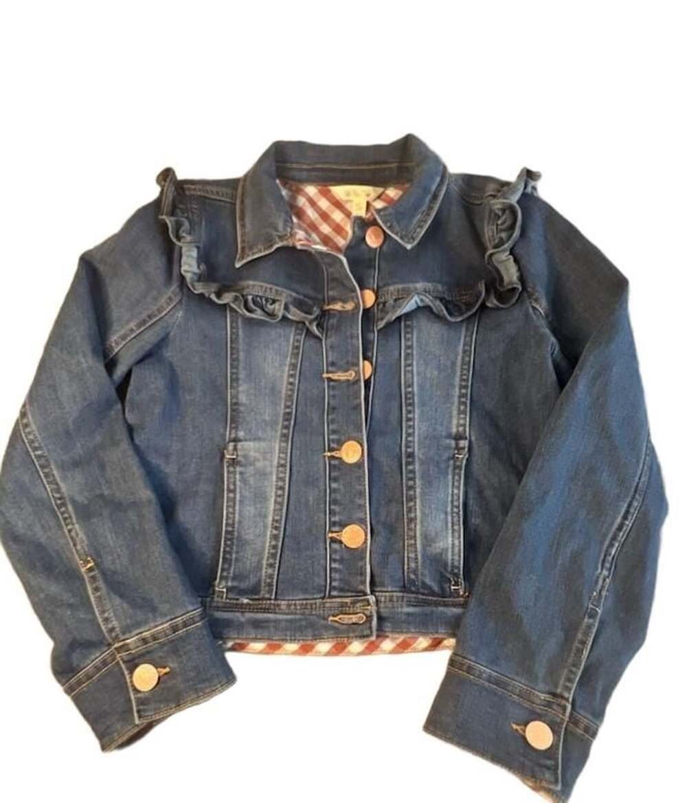 Matilda Jane Denim Jacket Girls youth Size 14 Ruffle Red Gingham Lined